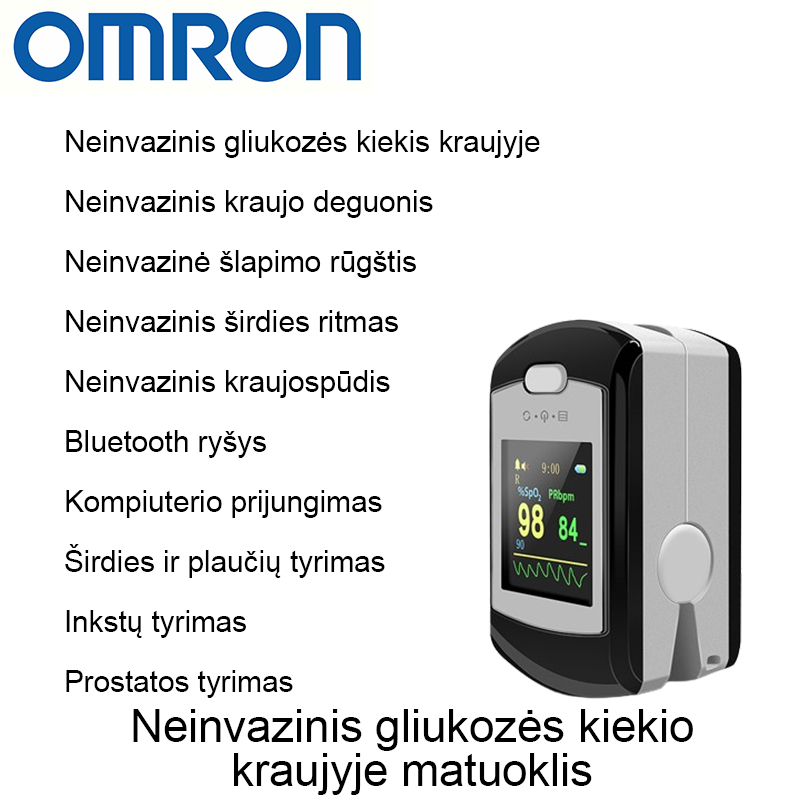 neinvazinis gliukozės kiekis kraujyje+neinvazinis kraujo deguonies matavimas+neinvazinis šlapimo rūgšties matavimas+neinvazinis širdies ritmo matavimas+neinvazinis kraujospūdžio tyrimas+kardiopulmoninis tyrimas+inkstų tyrimas+prostatos tyrimas+Bluetooth ryšys+kompiuteris