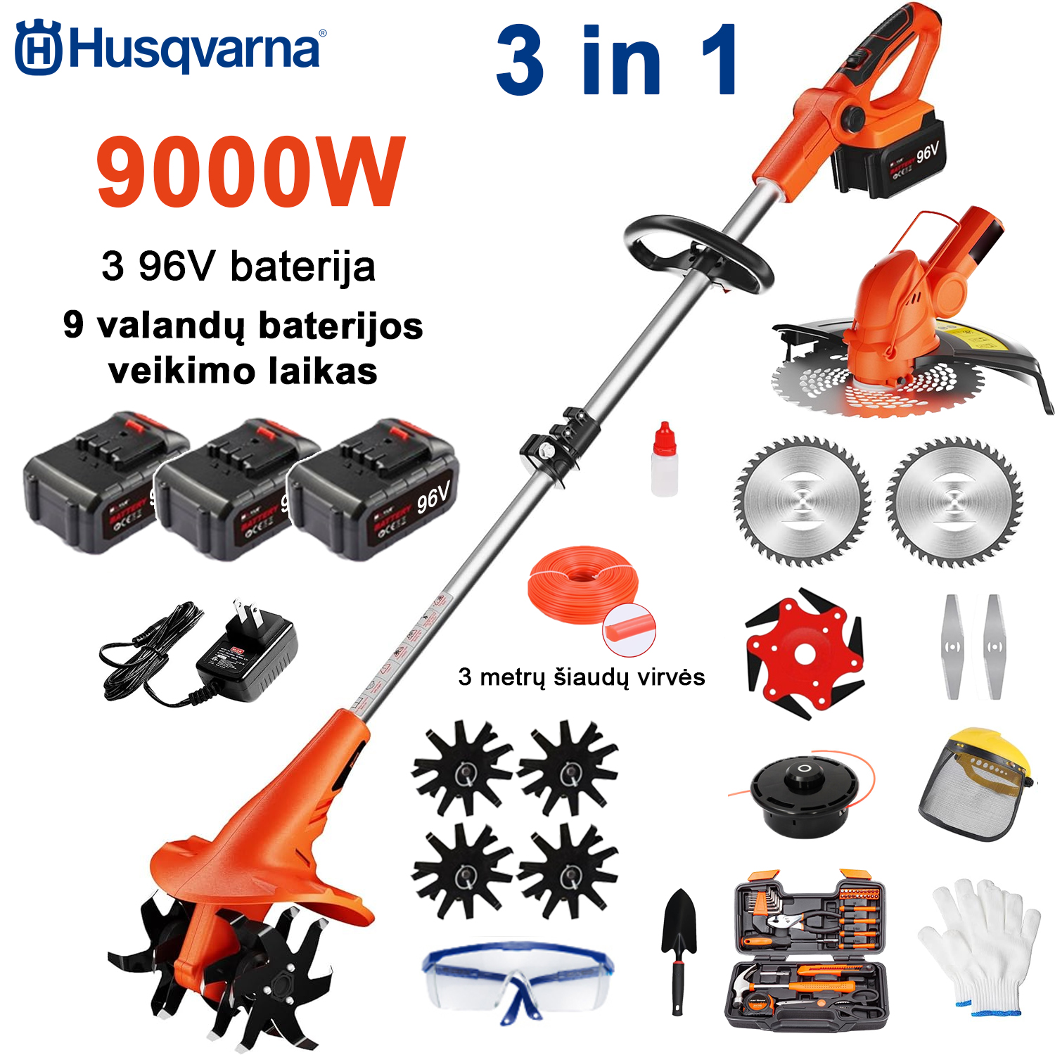 9000W galios 3-in-1 kultivatorius (pjauna žolę, pjauna medžius, ariama žemė) 3 96V akumuliatoriai + greitas įkrovimas + arimo peilis + žolės pjovimo galvutė + 3 metrų žolės pjovimo lynas + lydinio pjūklo geležtė*2 + 6 briaunų peilis + tiesus peilis+ pilnas komplektas priedai