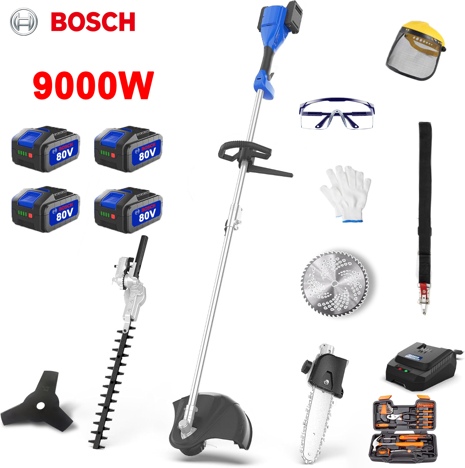 9000W vejapjovė + 80V baterija * 4 + 5 peiliai + pirštinės + akiniai +kepurė + įrankiai + naudojimo instrukcija (lietuvių kalba)