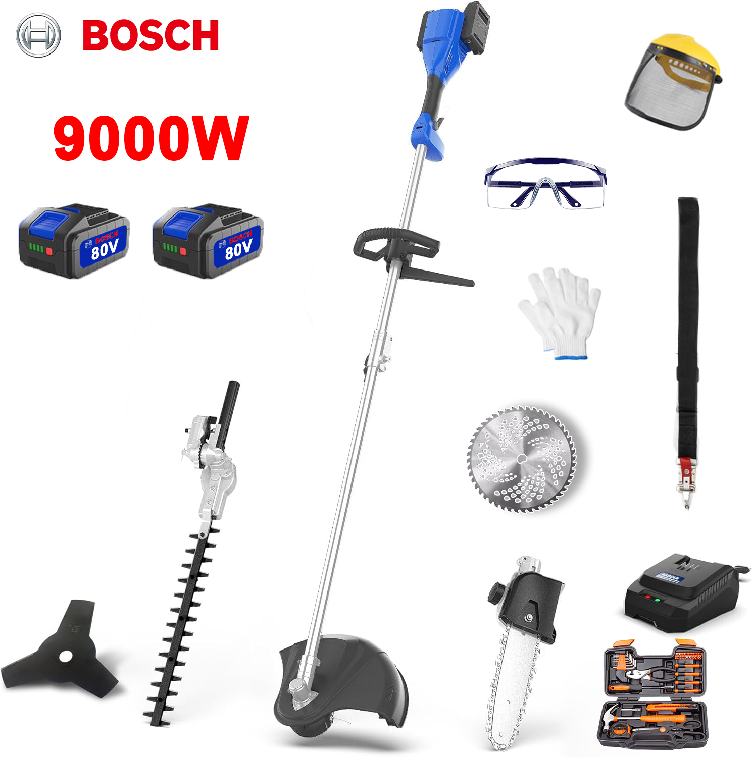 9000W vejapjovė + 80V baterija * 2 + 5 peiliai + pirštinės + akiniai + kepurė +įrankiai + naudojimo instrukcija (lietuvių kalba)