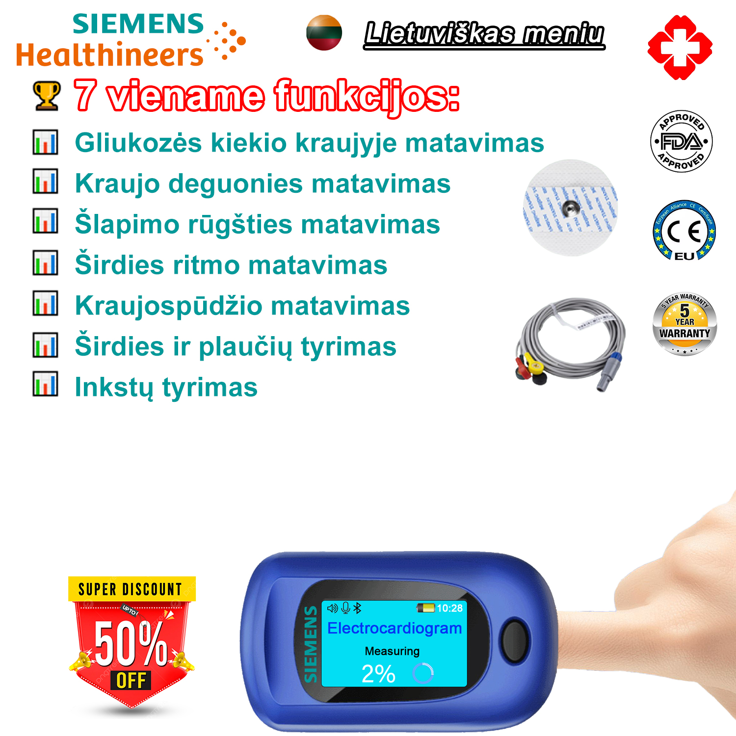 [25% žmonių pirko] Gliukozės kiekio kraujyje matavimas + deguonies kiekio kraujyje matavimas + šlapimo rūgšties matavimas + širdies ritmo matavimas + kraujospūdžio matavimas + širdies ir plaučių tyrimas