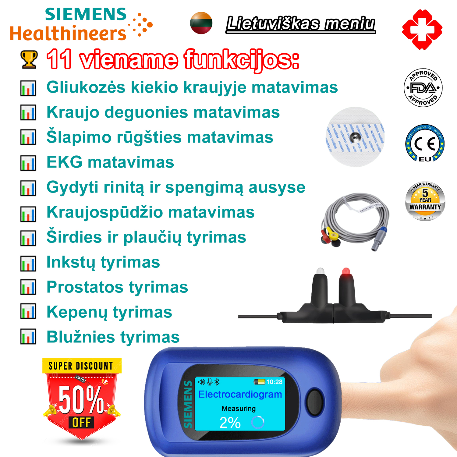 🏆【70% žmonių pirko】 Cukraus kiekio kraujyje matavimas + deguonies kiekio kraujyje matavimas + šlapimo rūgšties matavimas + širdies ritmo matavimas + kraujospūdžio matavimas + širdies ir plaučių tyrimas + inkstų tyrimas + prostatos tyrimas + kepenų tyrimas + blužnies tyrimas + slogos ir spengimo ausyse gydymas